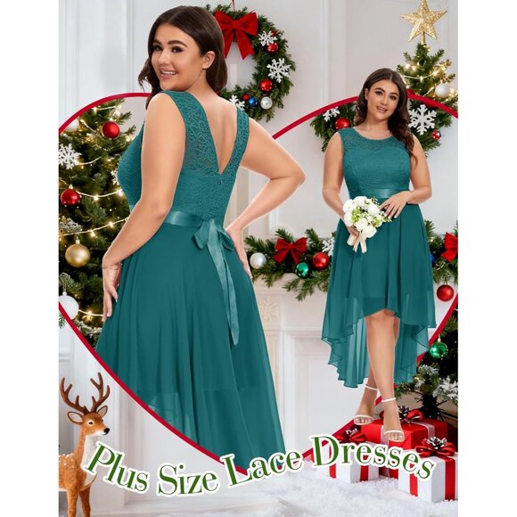 BeryLove Women Peacock Green Chiffon Scoop Neck Sleeveless Lace Cocktail Dresses - Picture 6 of 7